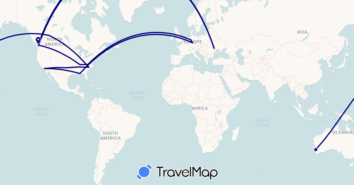 TravelMap itinerary: driving in Australia, Canada, Germany, Moldova, United States (Europe, North America, Oceania)